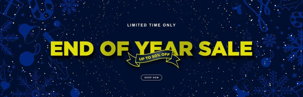 end of year sale typographic text sales banner with up to 50 off discount tag and shop now cta button on midnight blue background blue christmas elements editable illustration eps 10 vector